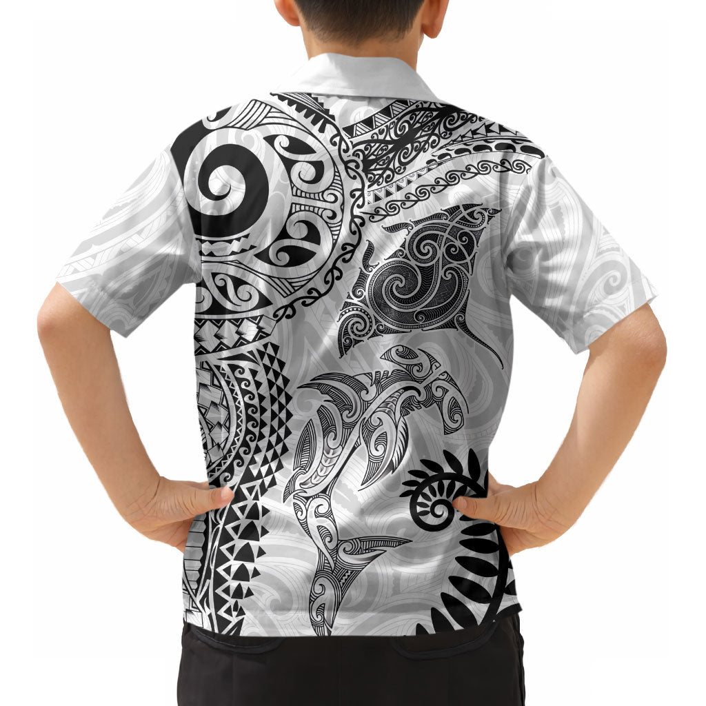 Aotearoa Maori Sea Animals Tribal Kid Hawaiian Shirt Manta Ray and Shark Moko Pattern White Color LT03 - Polynesian Pride