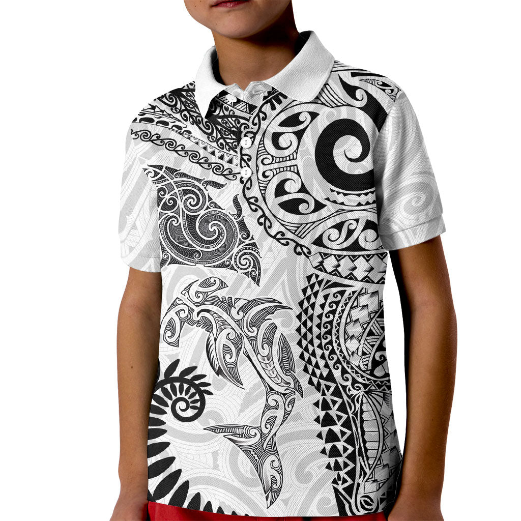 Aotearoa Maori Sea Animals Tribal Kid Polo Shirt Manta Ray and Shark Moko Pattern White Color