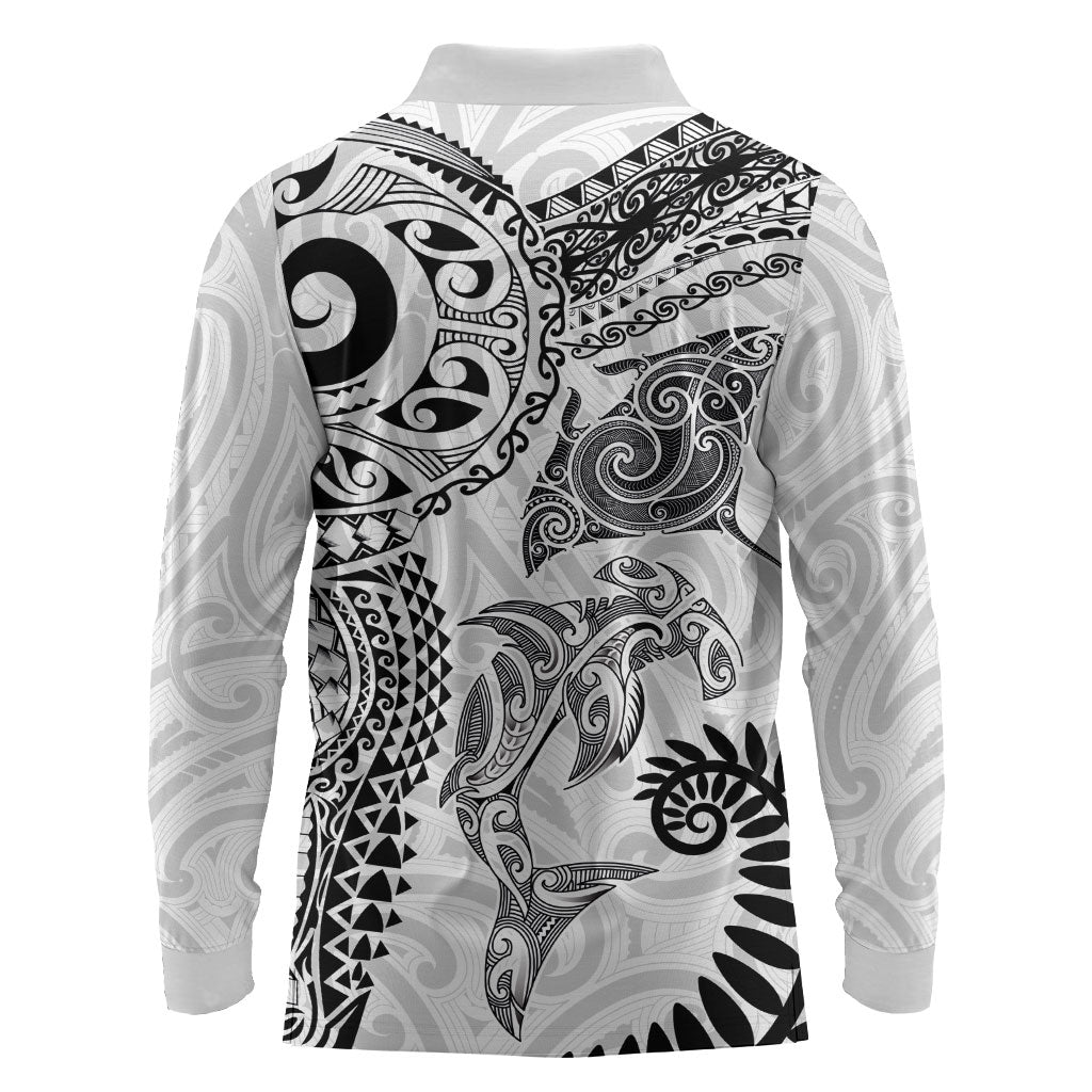 Aotearoa Maori Sea Animals Tribal Long Sleeve Polo Shirt Manta Ray and Shark Moko Pattern White Color