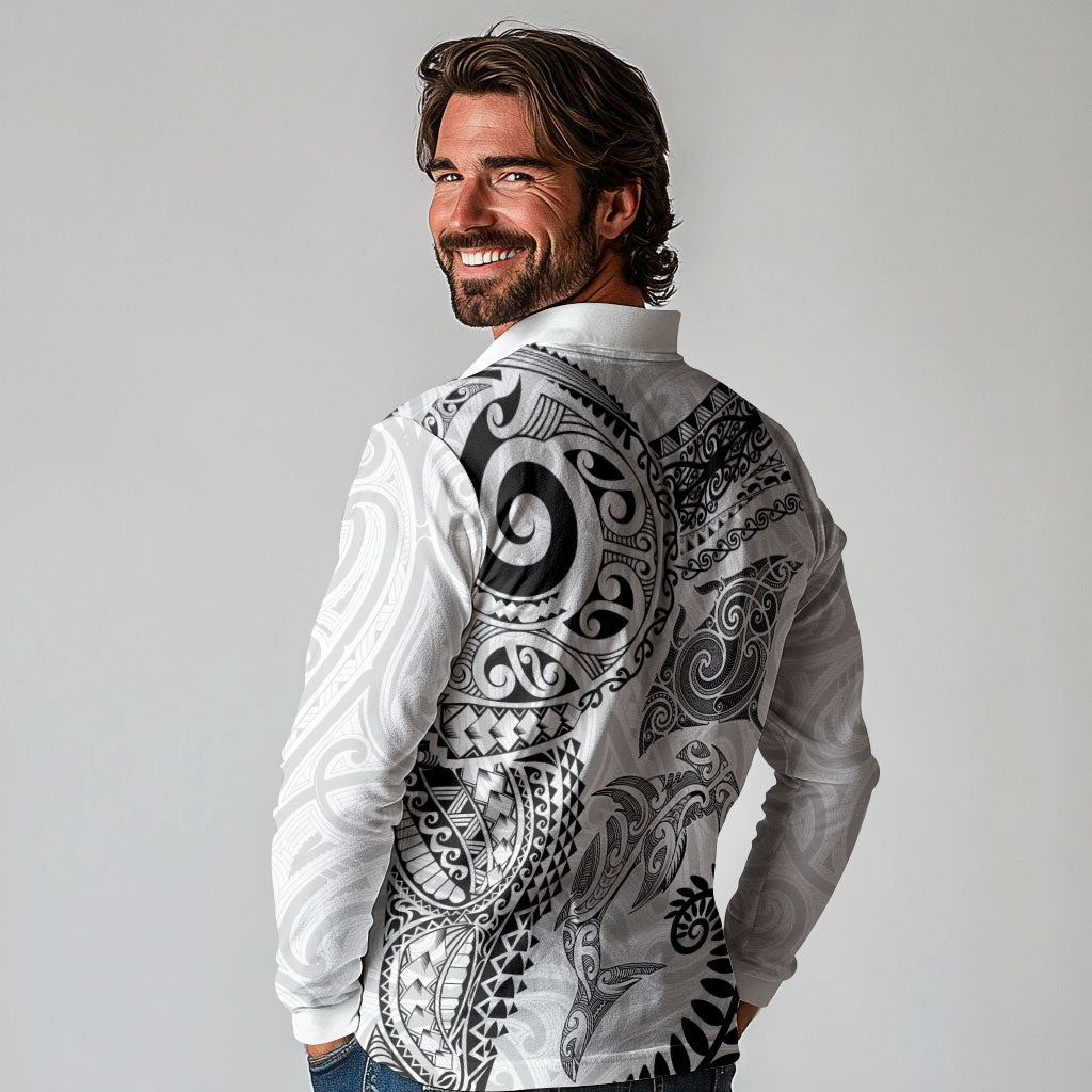 Aotearoa Maori Sea Animals Tribal Long Sleeve Polo Shirt Manta Ray and Shark Moko Pattern White Color