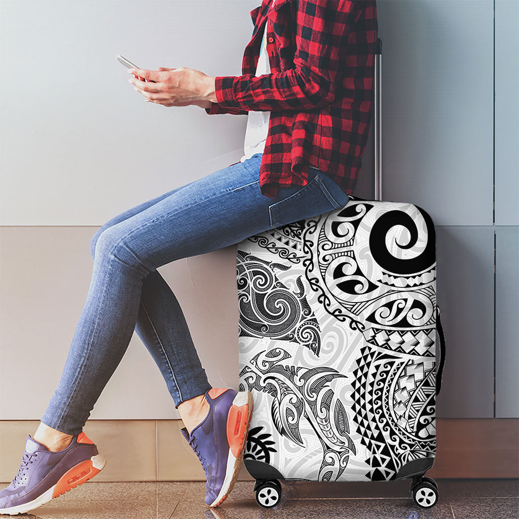 Aotearoa Maori Sea Animals Tribal Luggage Cover Manta Ray and Shark Moko Pattern White Color
