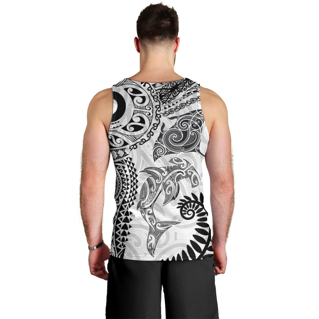 Aotearoa Maori Sea Animals Tribal Men Tank Top Manta Ray and Shark Moko Pattern White Color LT03 - Polynesian Pride