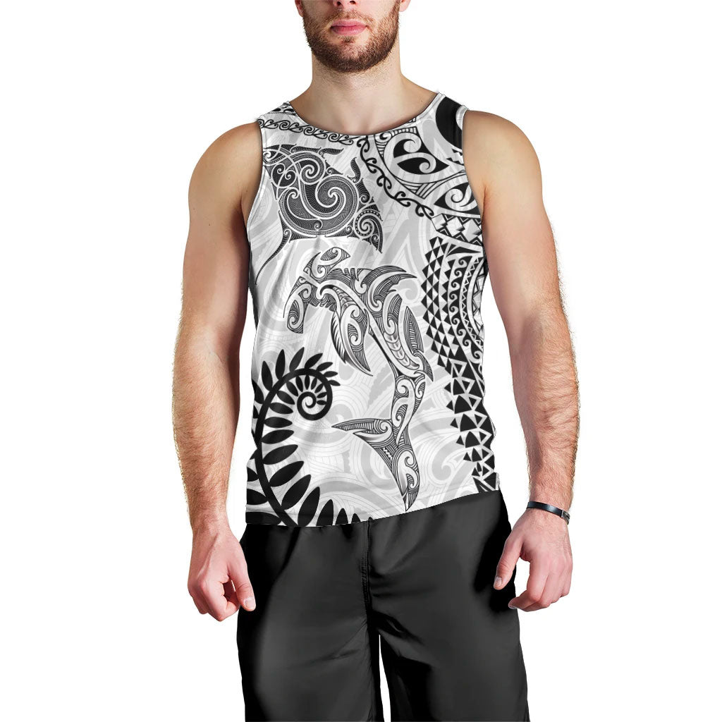 Aotearoa Maori Sea Animals Tribal Men Tank Top Manta Ray and Shark Moko Pattern White Color LT03 - Polynesian Pride