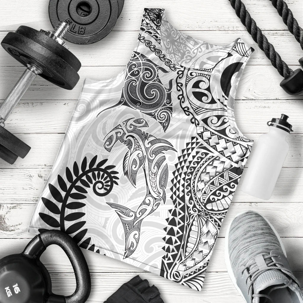 Aotearoa Maori Sea Animals Tribal Men Tank Top Manta Ray and Shark Moko Pattern White Color LT03 - Polynesian Pride