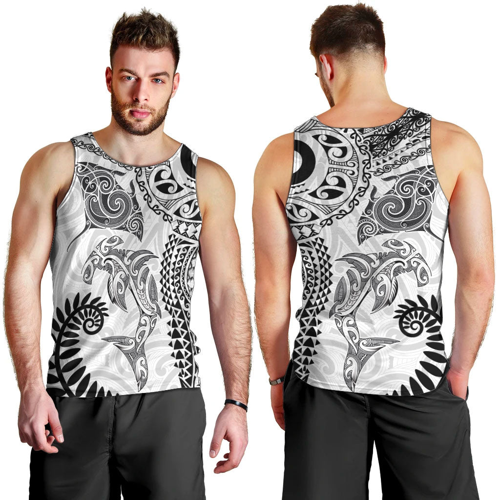 Aotearoa Maori Sea Animals Tribal Men Tank Top Manta Ray and Shark Moko Pattern White Color LT03 - Polynesian Pride
