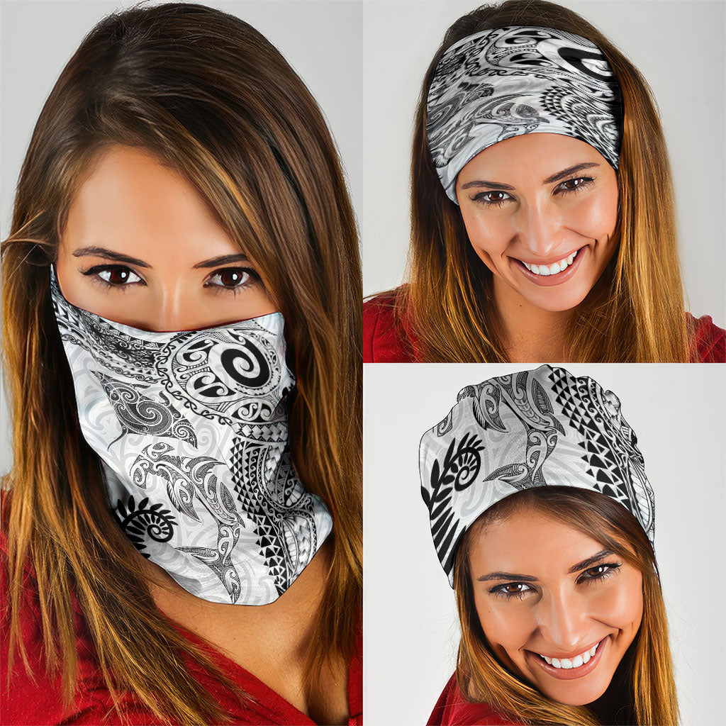 Aotearoa Maori Sea Animals Tribal Neck Gaiter Manta Ray and Shark Moko Pattern White Color LT03 - Polynesian Pride