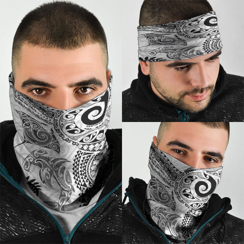 Aotearoa Maori Sea Animals Tribal Neck Gaiter Manta Ray and Shark Moko Pattern White Color LT03 - Polynesian Pride