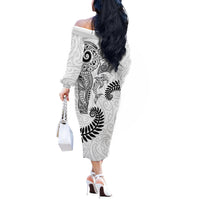 Aotearoa Maori Sea Animals Tribal Off The Shoulder Long Sleeve Dress Manta Ray and Shark Moko Pattern White Color