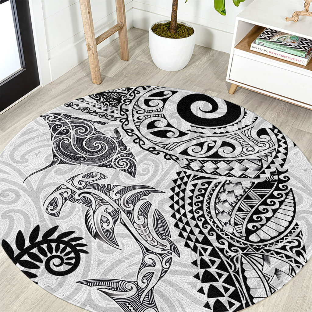 Aotearoa Maori Sea Animals Tribal Round Carpet Manta Ray and Shark Moko Pattern White Color LT03 White - Polynesian Pride