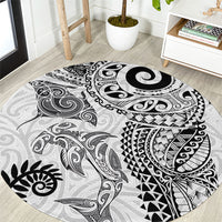Aotearoa Maori Sea Animals Tribal Round Carpet Manta Ray and Shark Moko Pattern White Color LT03 White - Polynesian Pride
