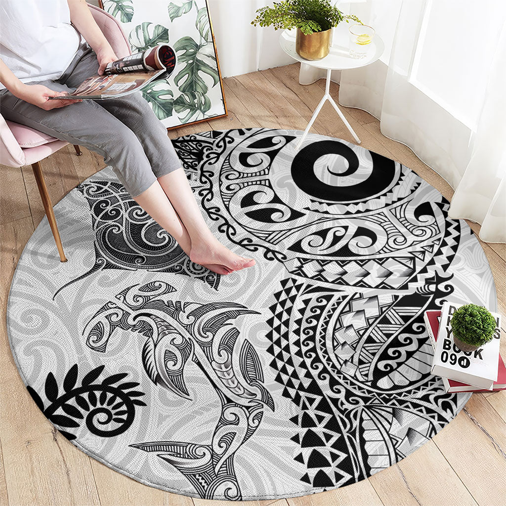 Aotearoa Maori Sea Animals Tribal Round Carpet Manta Ray and Shark Moko Pattern White Color LT03 - Polynesian Pride