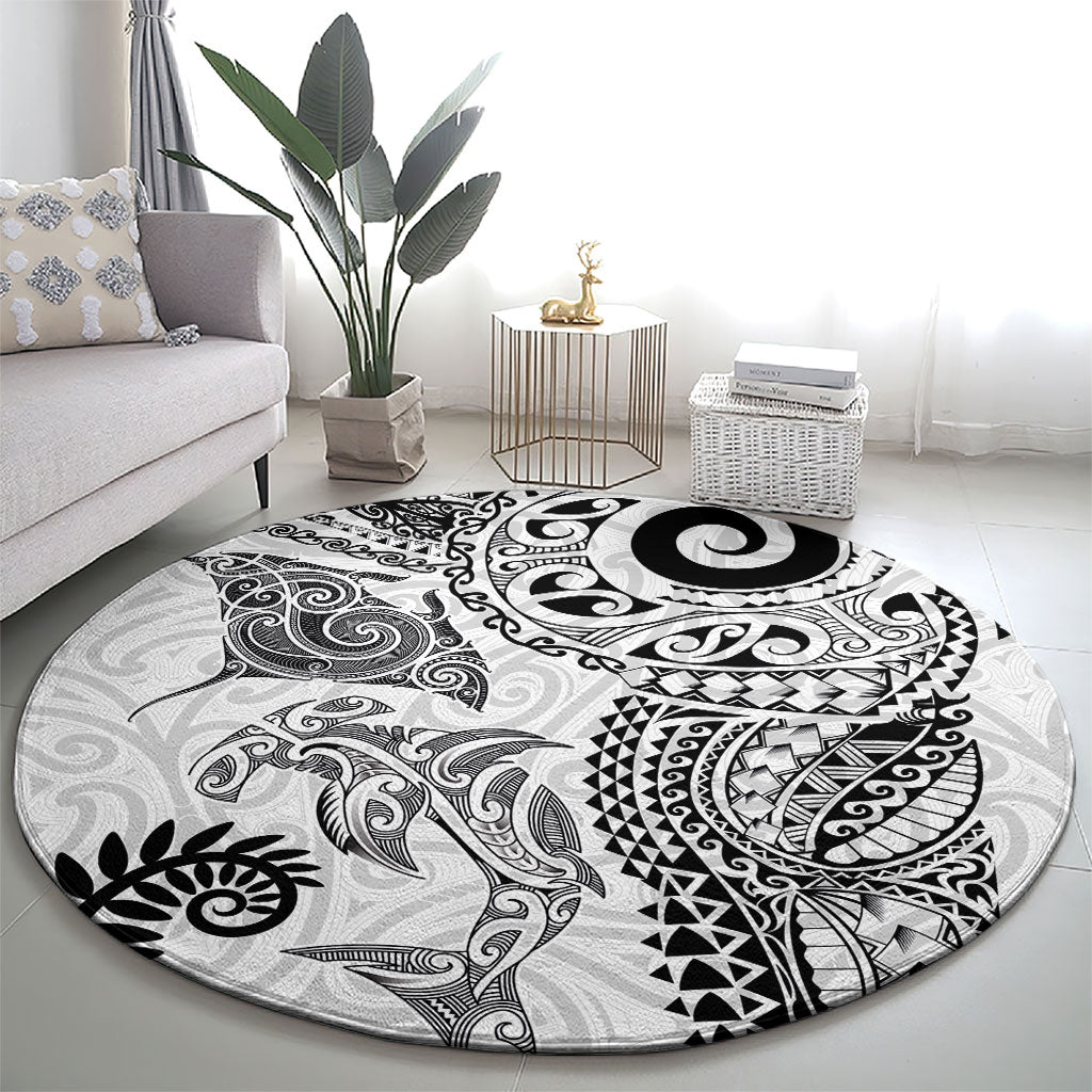 Aotearoa Maori Sea Animals Tribal Round Carpet Manta Ray and Shark Moko Pattern White Color LT03 - Polynesian Pride