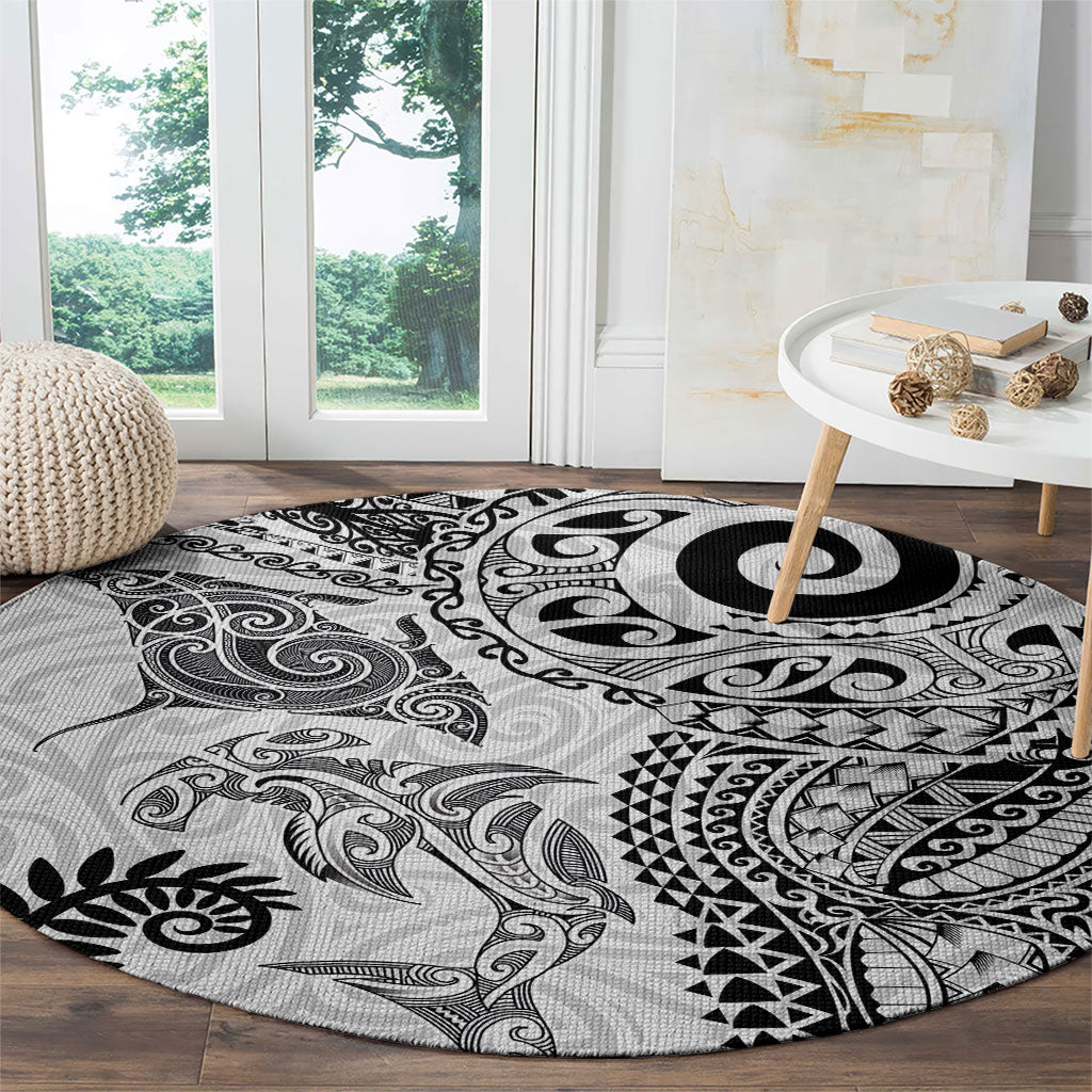 Aotearoa Maori Sea Animals Tribal Round Carpet Manta Ray and Shark Moko Pattern White Color LT03 - Polynesian Pride
