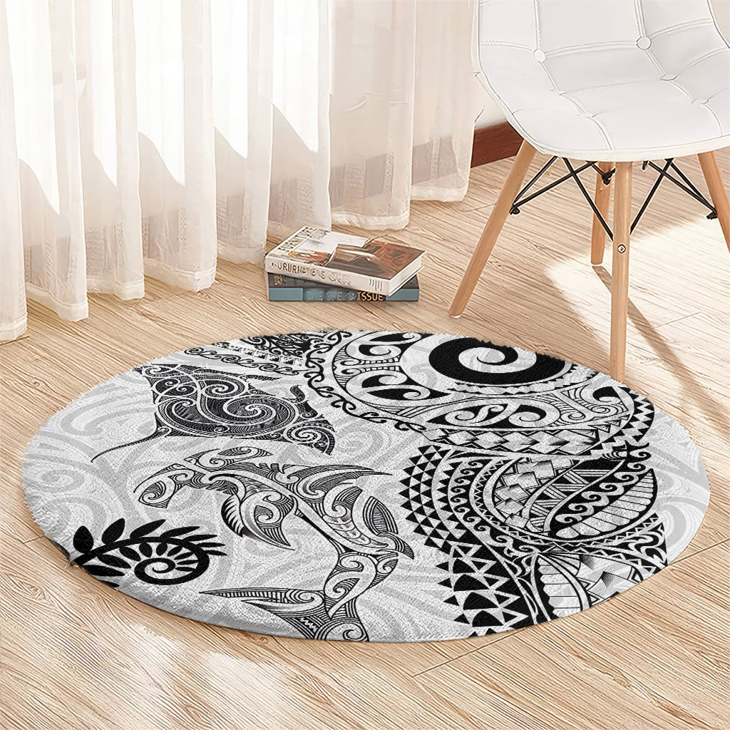 Aotearoa Maori Sea Animals Tribal Round Carpet Manta Ray and Shark Moko Pattern White Color LT03 - Polynesian Pride