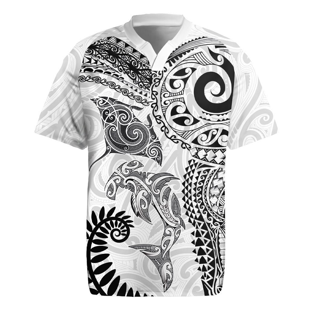 Aotearoa Maori Sea Animals Tribal Rugby Jersey Manta Ray and Shark Moko Pattern White Color LT03 White - Polynesian Pride