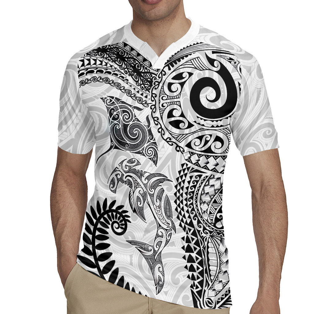 Aotearoa Maori Sea Animals Tribal Rugby Jersey Manta Ray and Shark Moko Pattern White Color LT03 - Polynesian Pride