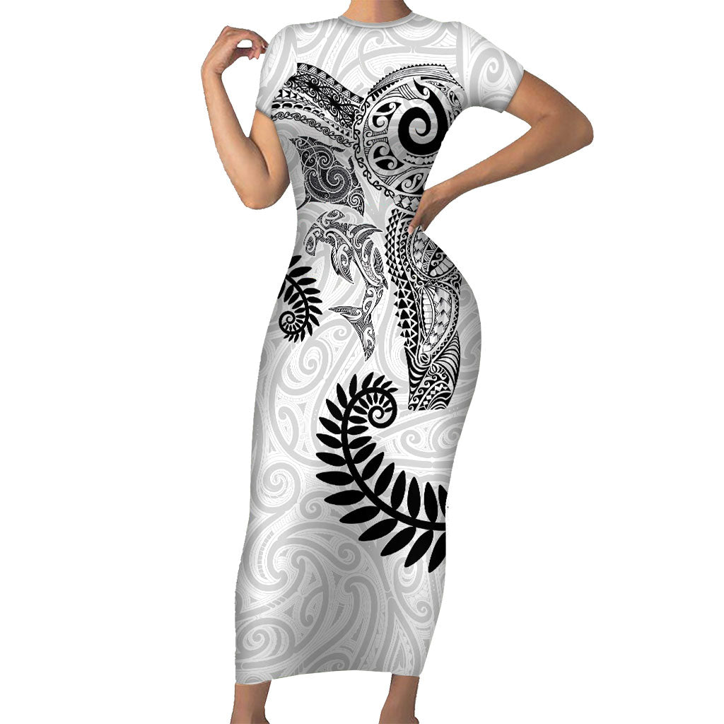 Aotearoa Maori Sea Animals Tribal Short Sleeve Bodycon Dress Manta Ray and Shark Moko Pattern White Color