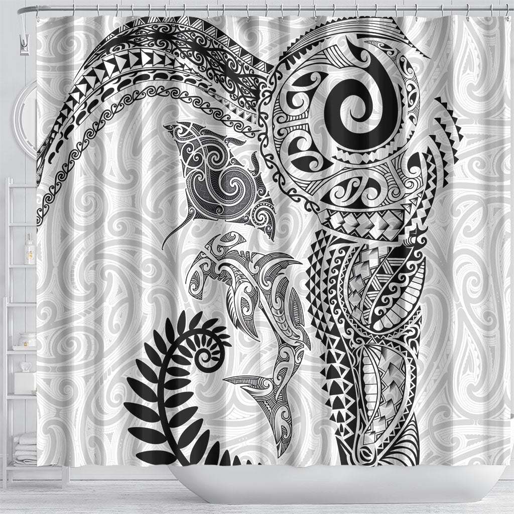 Aotearoa Maori Sea Animals Tribal Shower Curtain Manta Ray and Shark Moko Pattern White Color