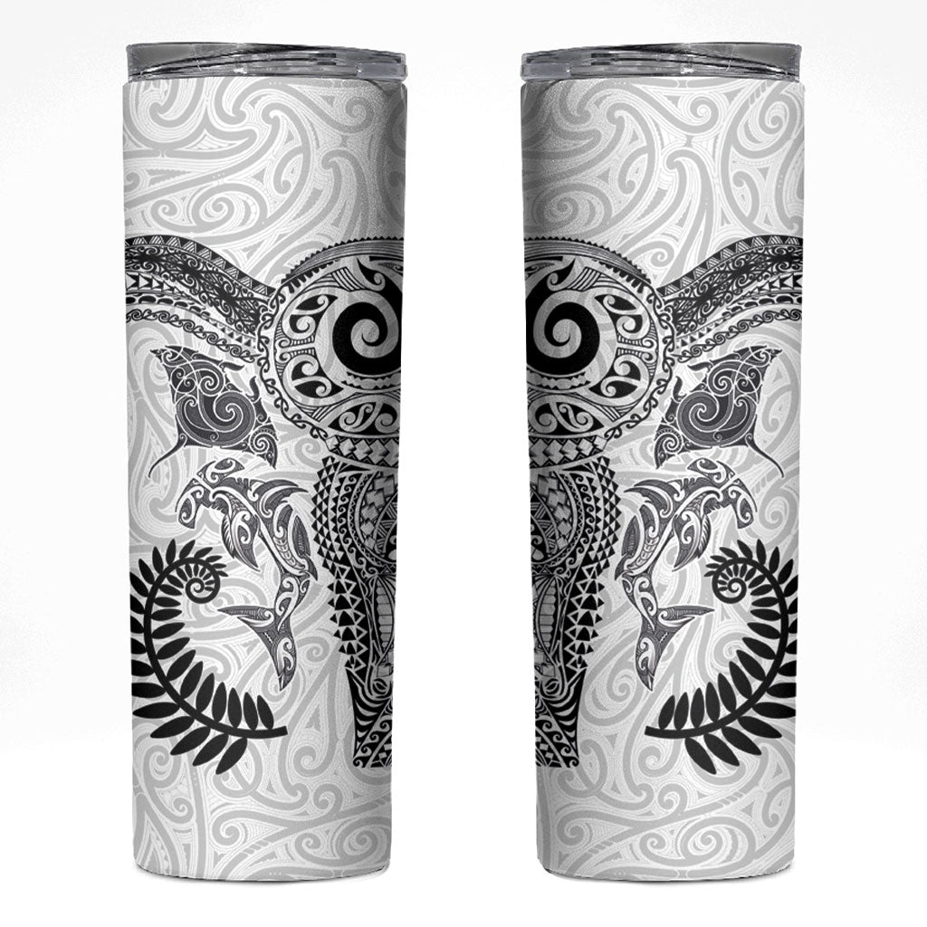 Aotearoa Maori Sea Animals Tribal Skinny Tumbler Manta Ray and Shark Moko Pattern White Color