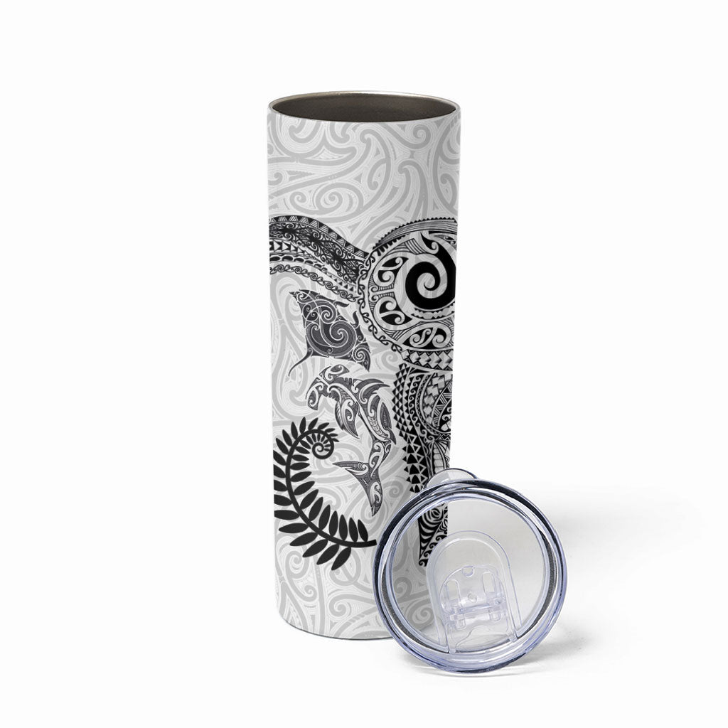 Aotearoa Maori Sea Animals Tribal Skinny Tumbler Manta Ray and Shark Moko Pattern White Color