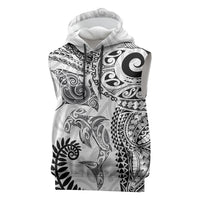 Aotearoa Maori Sea Animals Tribal Sleeveless Hoodie Manta Ray and Shark Moko Pattern White Color