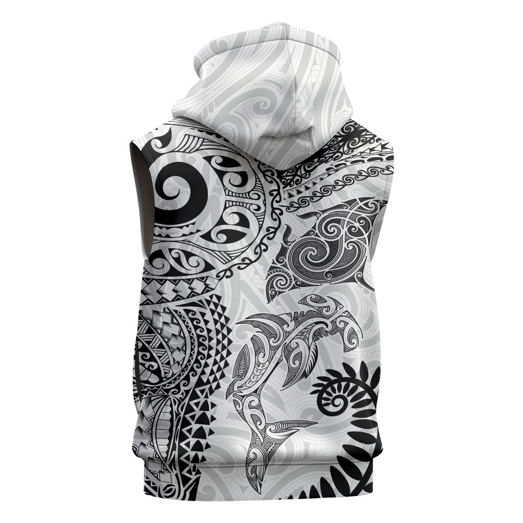 Aotearoa Maori Sea Animals Tribal Sleeveless Hoodie Manta Ray and Shark Moko Pattern White Color