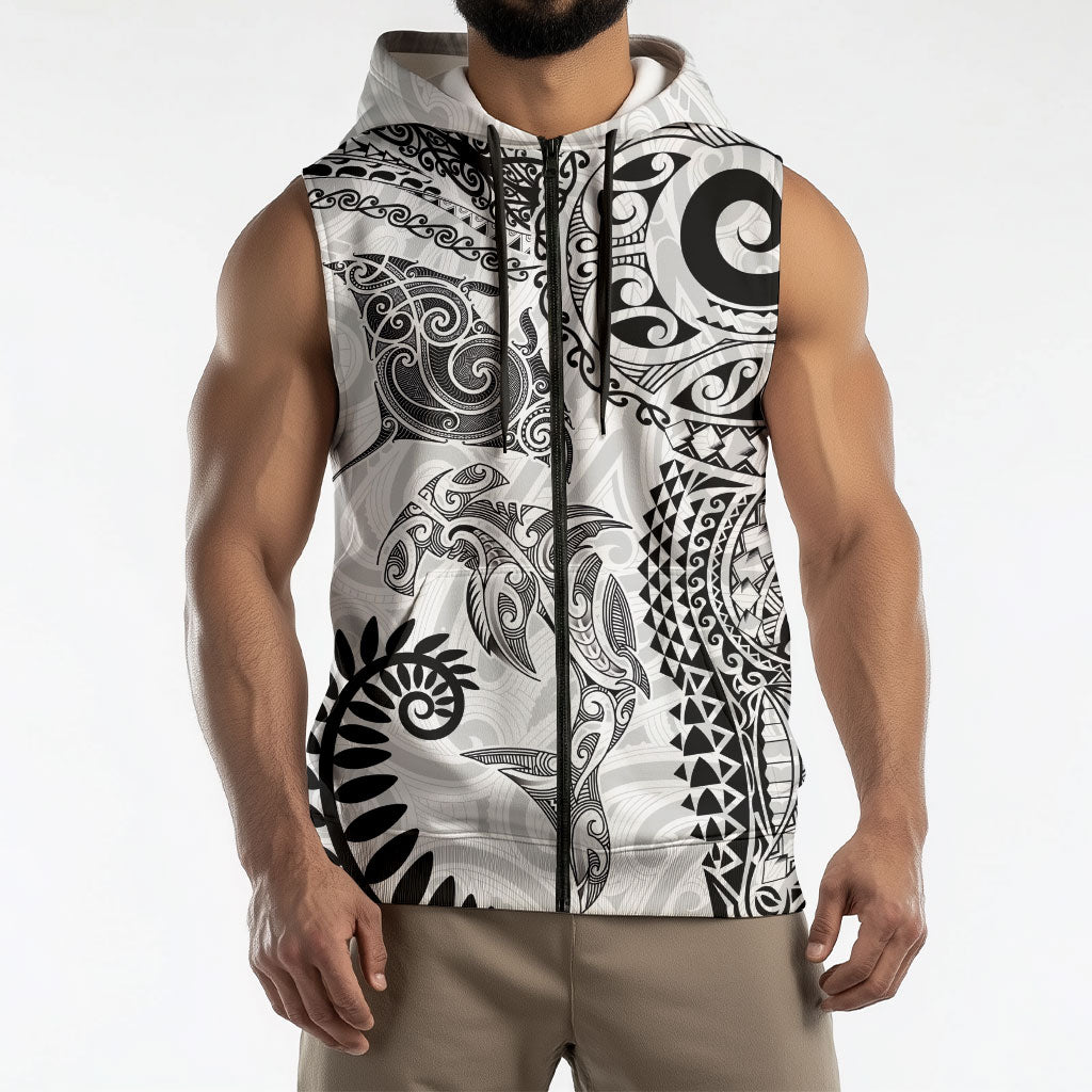 Aotearoa Maori Sea Animals Tribal Sleeveless Zip Hoodie Manta Ray and Shark Moko Pattern White Color