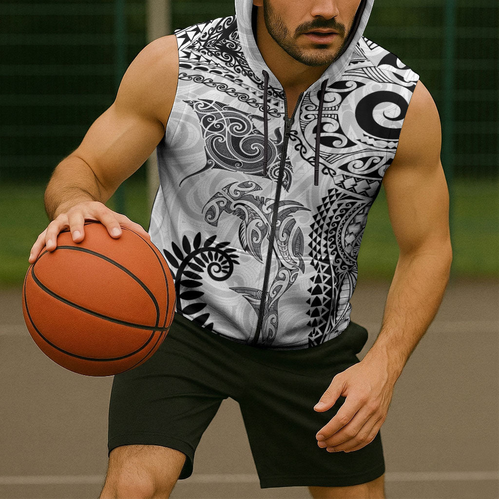 Aotearoa Maori Sea Animals Tribal Sleeveless Zip Hoodie Manta Ray and Shark Moko Pattern White Color