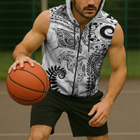 Aotearoa Maori Sea Animals Tribal Sleeveless Zip Hoodie Manta Ray and Shark Moko Pattern White Color