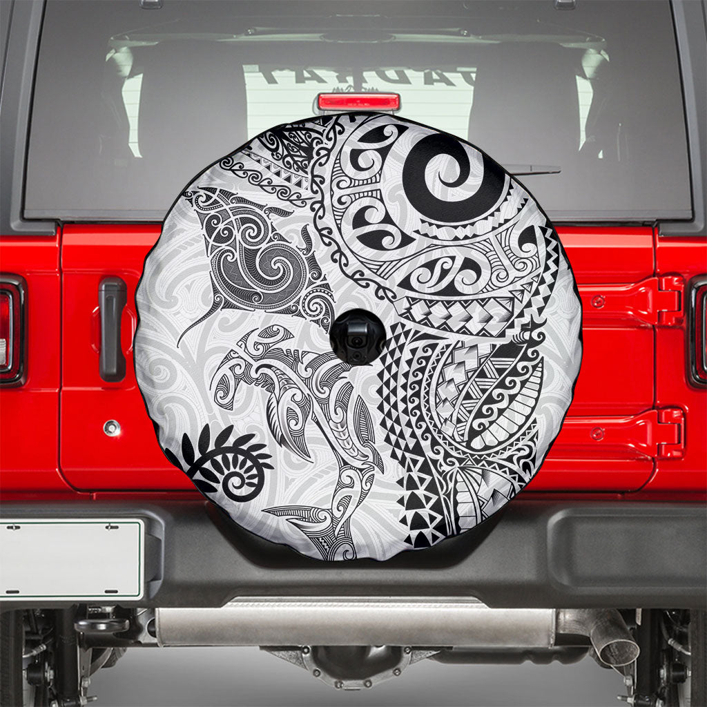 Aotearoa Maori Sea Animals Tribal Spare Tire Cover Manta Ray and Shark Moko Pattern White Color