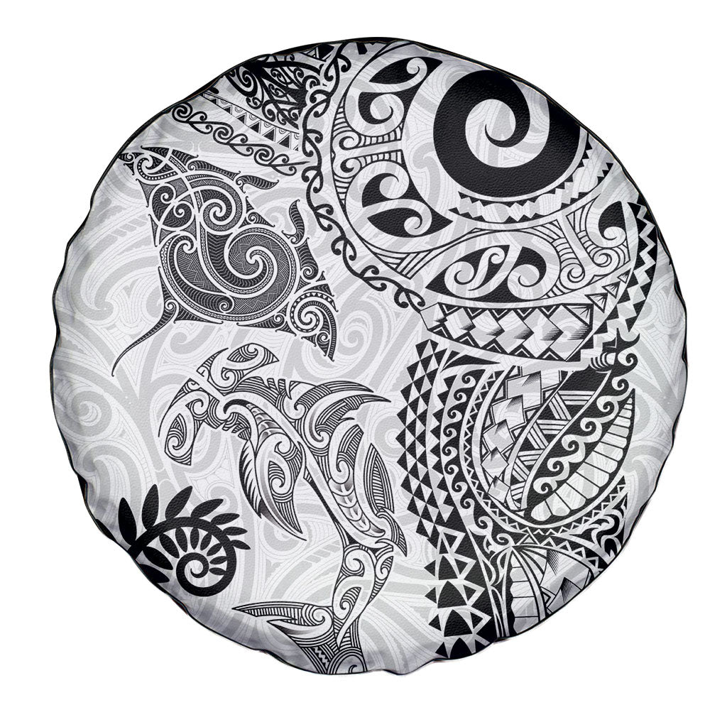 Aotearoa Maori Sea Animals Tribal Spare Tire Cover Manta Ray and Shark Moko Pattern White Color