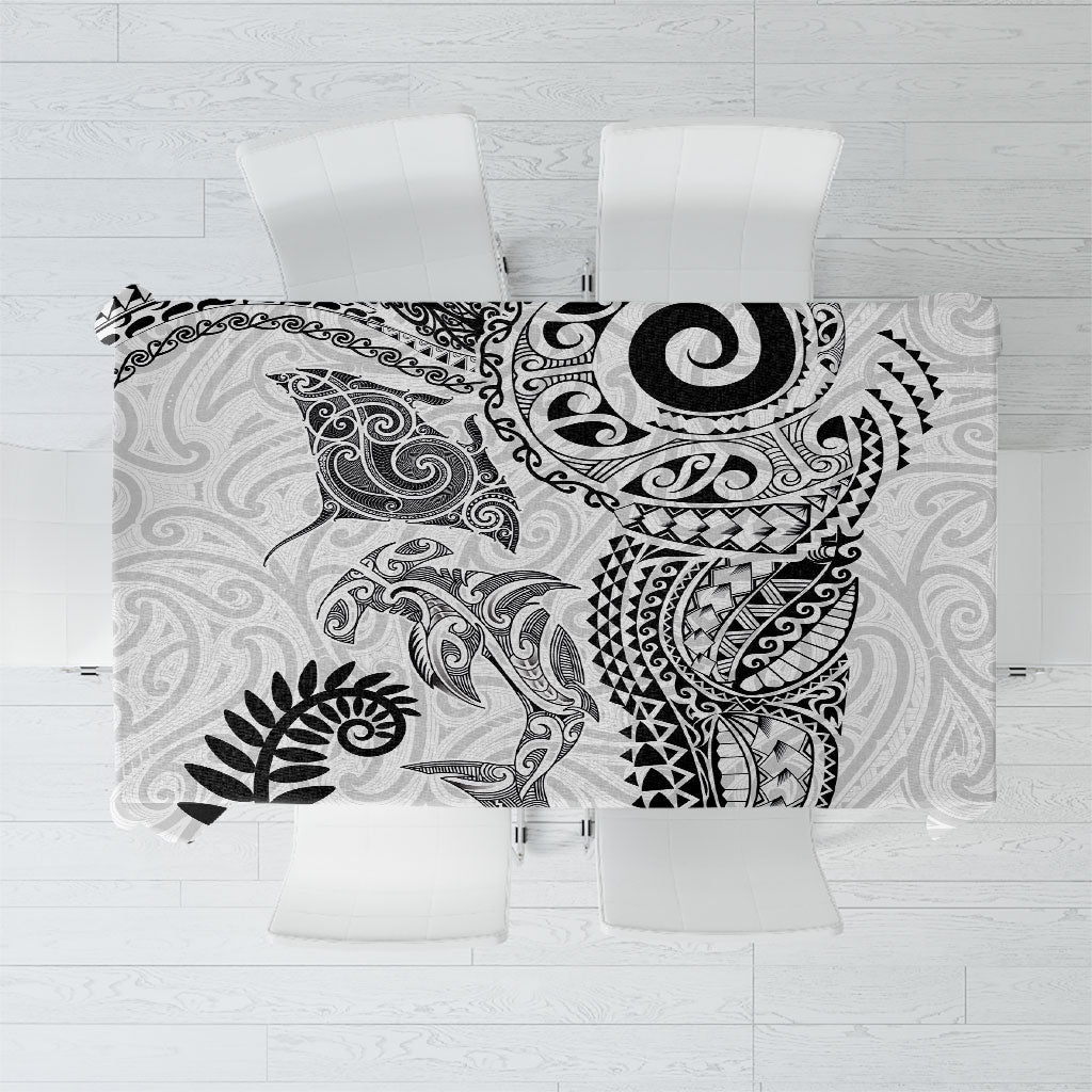 Aotearoa Maori Sea Animals Tribal Tablecloth Manta Ray and Shark Moko Pattern White Color