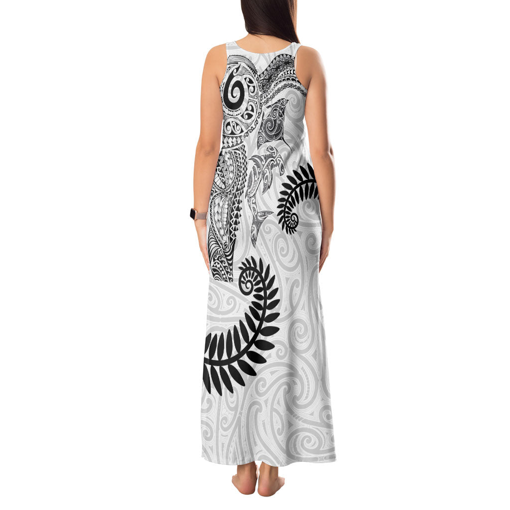 Aotearoa Maori Sea Animals Tribal Tank Maxi Dress Manta Ray and Shark Moko Pattern White Color