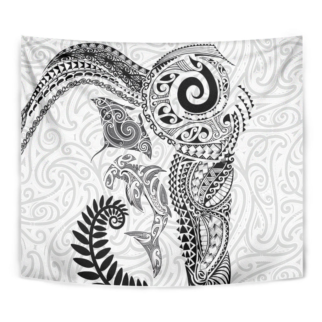 Aotearoa Maori Sea Animals Tribal Tapestry Manta Ray and Shark Moko Pattern White Color