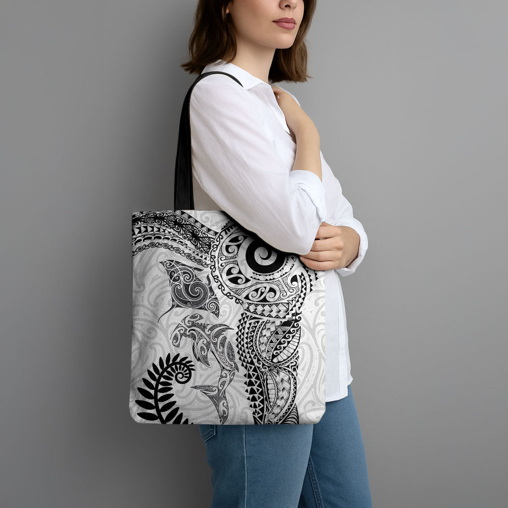 Aotearoa Maori Sea Animals Tribal Tote Bag Manta Ray and Shark Moko Pattern White Color LT03 - Polynesian Pride