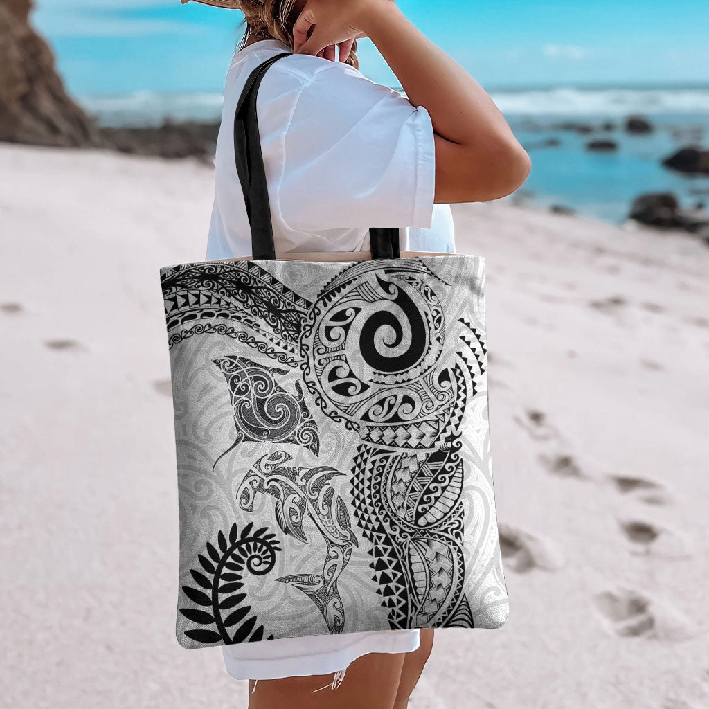 Aotearoa Maori Sea Animals Tribal Tote Bag Manta Ray and Shark Moko Pattern White Color LT03 - Polynesian Pride
