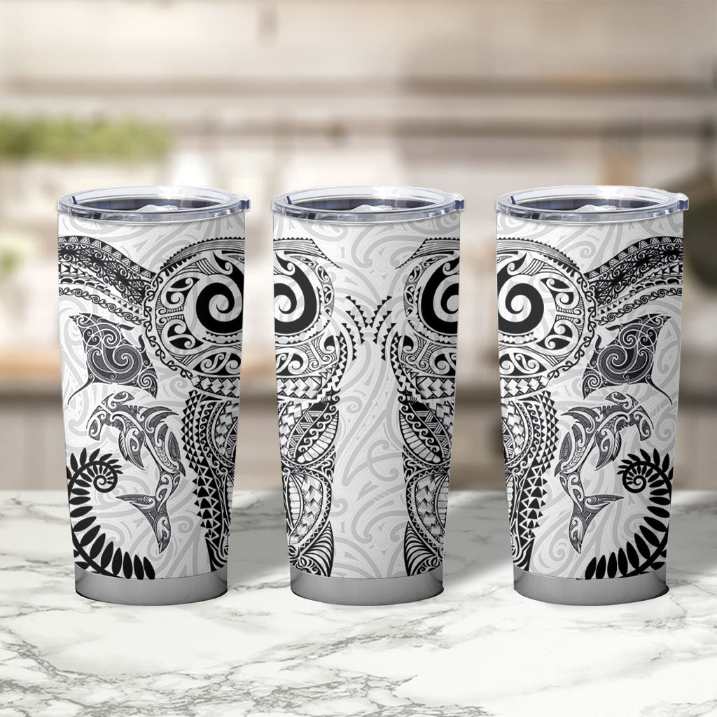 Aotearoa Maori Sea Animals Tribal Tumbler Cup Manta Ray and Shark Moko Pattern White Color