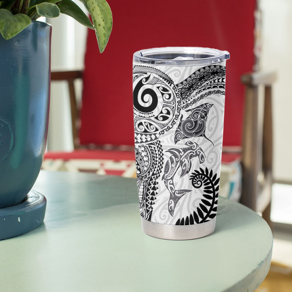 Aotearoa Maori Sea Animals Tribal Tumbler Cup Manta Ray and Shark Moko Pattern White Color