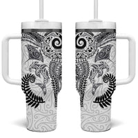 Aotearoa Maori Sea Animals Tribal Tumbler With Handle Manta Ray and Shark Moko Pattern White Color