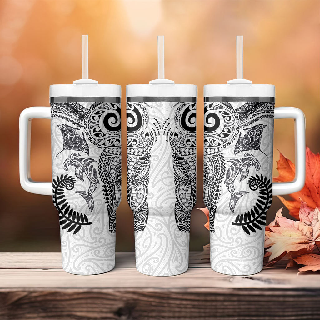 Aotearoa Maori Sea Animals Tribal Tumbler With Handle Manta Ray and Shark Moko Pattern White Color