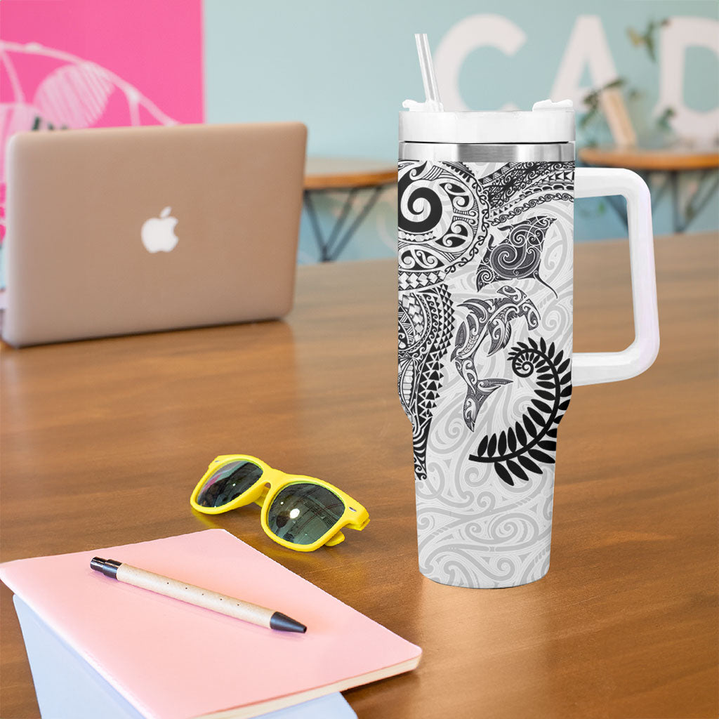 Aotearoa Maori Sea Animals Tribal Tumbler With Handle Manta Ray and Shark Moko Pattern White Color