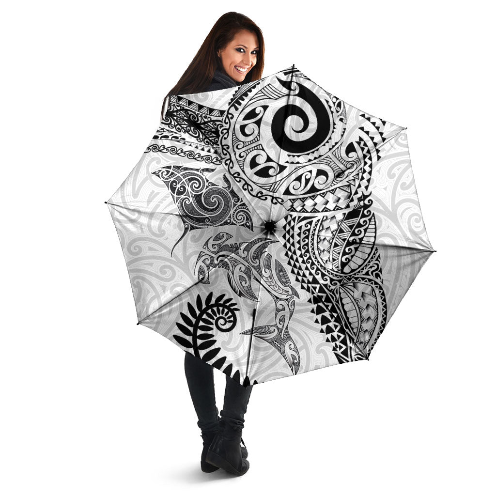 Aotearoa Maori Sea Animals Tribal Umbrella Manta Ray and Shark Moko Pattern White Color