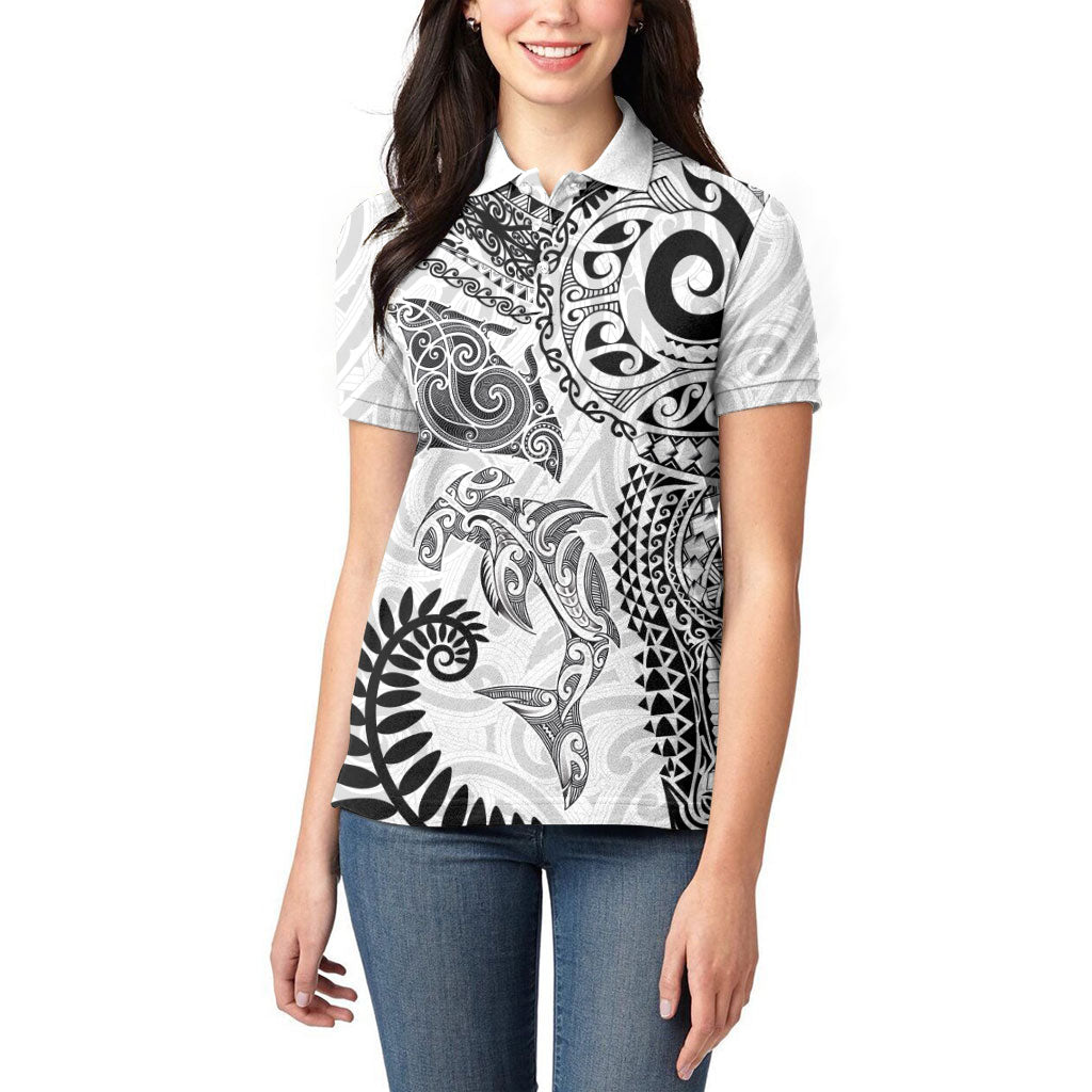 Aotearoa Maori Sea Animals Tribal Women Polo Shirt Manta Ray and Shark Moko Pattern White Color
