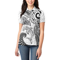 Aotearoa Maori Sea Animals Tribal Women Polo Shirt Manta Ray and Shark Moko Pattern White Color