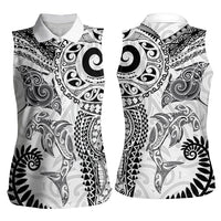 Aotearoa Maori Sea Animals Tribal Women Sleeveless Polo Shirt Manta Ray and Shark Moko Pattern White Color
