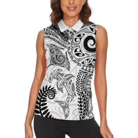Aotearoa Maori Sea Animals Tribal Women Sleeveless Polo Shirt Manta Ray and Shark Moko Pattern White Color