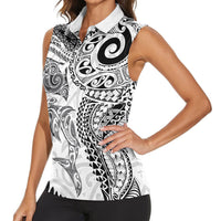 Aotearoa Maori Sea Animals Tribal Women Sleeveless Polo Shirt Manta Ray and Shark Moko Pattern White Color