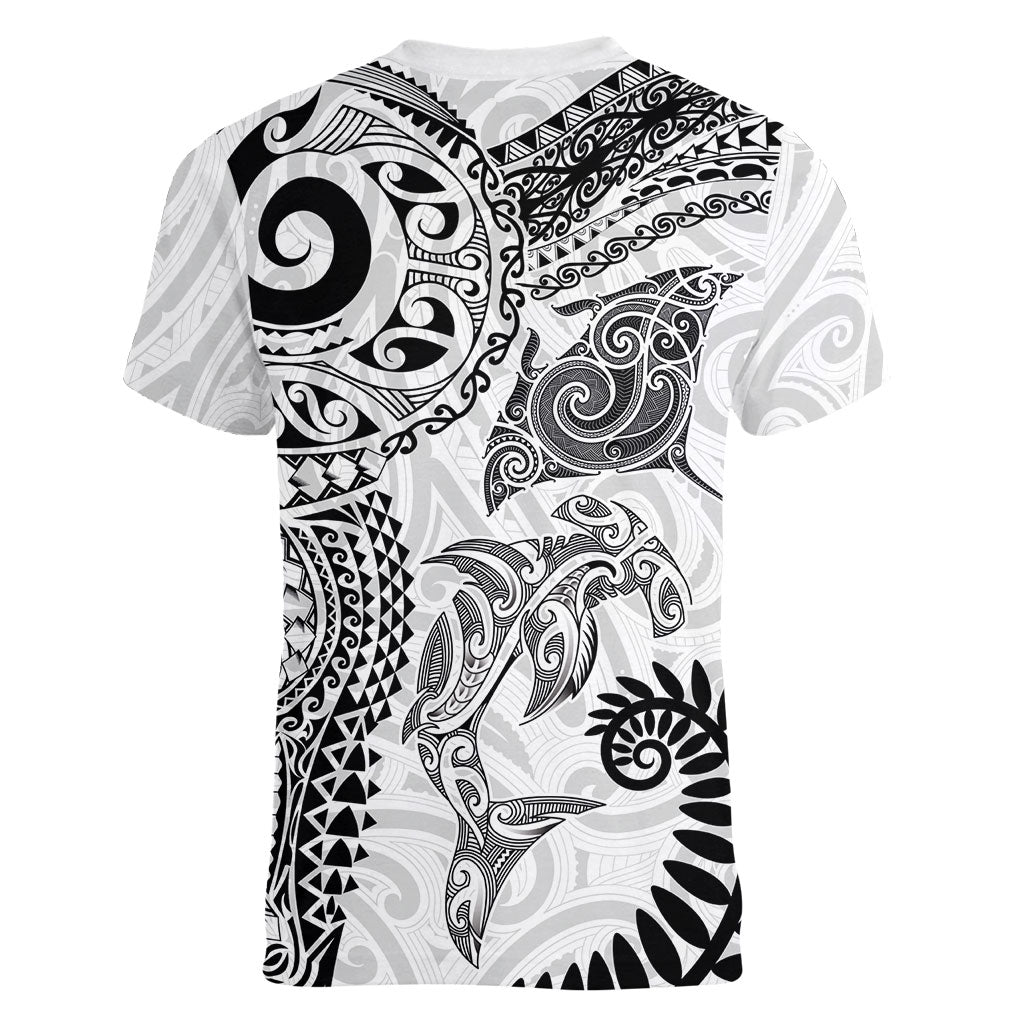 Aotearoa Maori Sea Animals Tribal Women V-Neck T-Shirt Manta Ray and Shark Moko Pattern White Color
