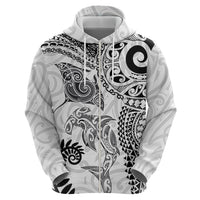 Aotearoa Maori Sea Animals Tribal Zip Hoodie Manta Ray and Shark Moko Pattern White Color