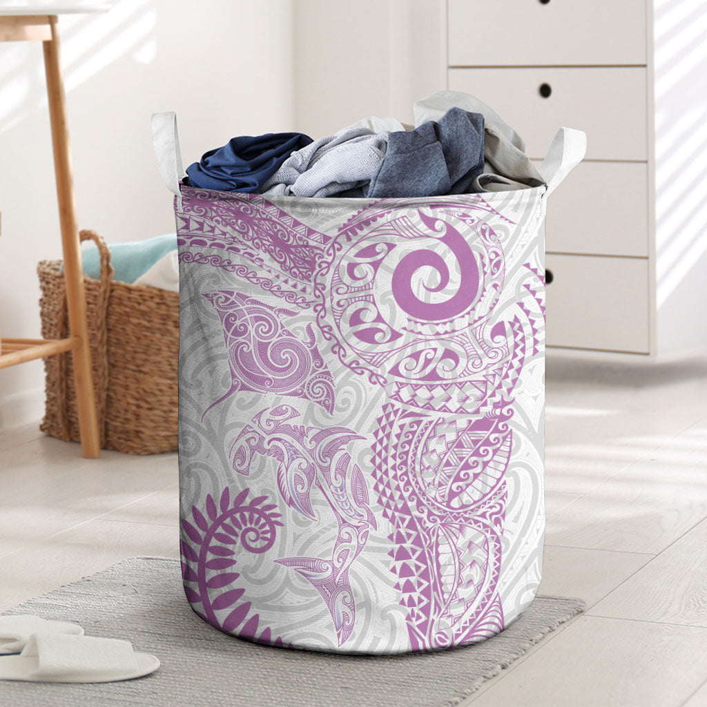 Aotearoa Maori Sea Animals Tribal Laundry Basket Manta Ray and Shark Moko Pattern Pink Color